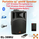 E-lektron PSL-38U Karaoke Party Set System with Bluetooth Loud Speaker UHF Wireless Mics Color Disco Light