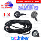 DL 5 Meters Black Piggyback Plug Main Power Extension Cord 240V 3 Pin 10A 1.0mm Cable