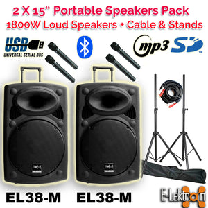 E-lektron EL38-M Package 2 X 15" inch 1800W Bluetooth 5.0 TWS linkable Portable Speaker Set Laud Sound PA System with Stands