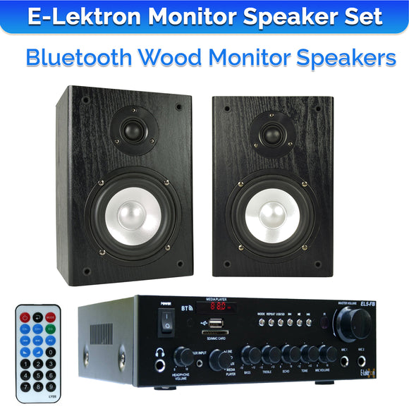 E-Lektron HiFi Bluetooth Amp with Home Stereo Bookshelf Wooden Monitor Speakers Pair