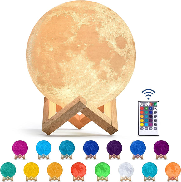 CR Lite 20cm Large Moon Lamp 16 color Night Light Home decoration with Brightness Adjust Touch and Remote Control Sleep Training Meditation Birthday Gifts with Wooden Base