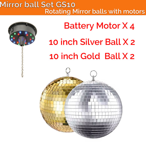 Mirror Ball Deco Set 10 inch balls(2 Gold + 2 Silver) plus motors Hanging Decoration for Parties Events Weddings & Home Decor