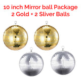 Mirror Ball Deco Set 10 inch balls(2 Gold + 2 Silver) plus motors Hanging Decoration for Parties Events Weddings & Home Decor
