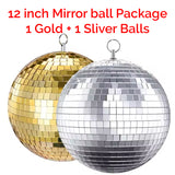 Mirror Ball Deco Set 12 inch balls(1 Gold + 1 Silver) plus motors Hanging Decoration for Parties Events Weddings & Home Decor