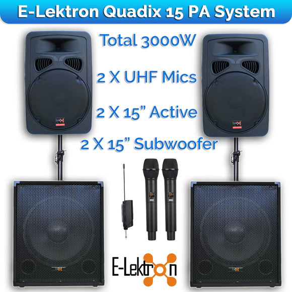 E-Lektron Quadix 15 3000W Vocal Sound System with UHF Mics and Poles