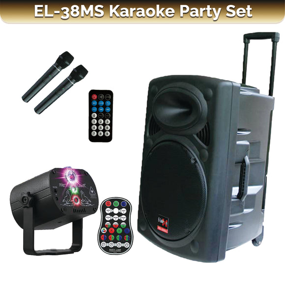 E-lektron EL38-MS 15-inch Portable Speaker Laser Light Party Set w/ Battery Bluetooth Sound System 2 Mics Disco Light