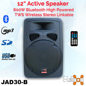 E-Lektron JAD30 12" inch 800W Powered Speaker Digital Sound System USB/SD & Bluetooth Stereo linkable Active Loud  with RCA Cable