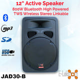 E-Lektron JAD30 12" inch 800W Powered Speaker Digital Sound System USB/SD & Bluetooth Stereo linkable Active Loud  with RCA Cable