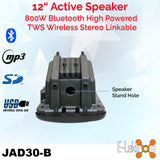 E-Lektron JAD-30K 2X12" inch Karaoke Set 1600W Powered Bluetooth TWS Speakers 2 UHF Microphones Stands
