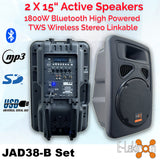 E-Lektron KSM-38 Karaoke Set 2 X 15" inch Active Bluetooth Speakers Audio Mixer Microphones