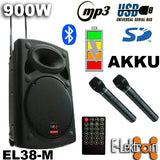 E-lektron EL38-M 15-Inch Portable Speaker 900W PA Sound System Battery Bluetooth 2 Wireless Microphones Karaoke Party