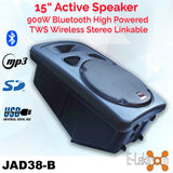 E-Lektron 2 X 15" inch 1800W Bluetooth Portable+Active Loud Speakers Sound System Battery Operate USB Record 2 Microphones