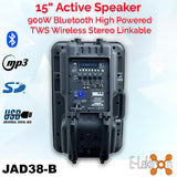 E-lektron 15" inch Speaker Bluetooth 900W Active Loud Digital Sound System PA with 2 Tunable UHF Wireless Microphones 40 channels