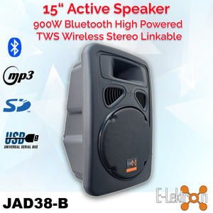 E-Lektron JAD38 15" inch 900W Powered Speaker Digital Sound System USB/SD & Bluetooth Stereo Linkable Active Loud  with RCA Cable