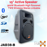 E-Lektron 2X JAD38 15" inch 1800W Powered Wireless Stereo linkable Speakers Set Digital Sound System USB/SD & Bluetooth Active Loud Speakers Set