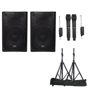 QTX Quest-QUS12 2X12" inch Karaoke Set 1560W Powered Bluetooth TWS Speakers 2 UHF Microphones Stands