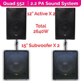 QTX Quad 552 2640W Active 2.2 PA System Bundle|15" Subwoofers + 12" PA Speakers & Poles
