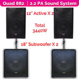 QTX Quad 882 3440W Active 2.2 PA System Bundle｜18" Subwoofers + 12" PA Speakers & Poles