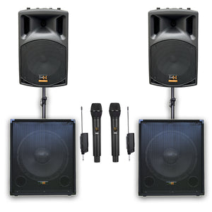 E-Lektron Quadix Q305 2800W Active & Subwoofer Vocal Speakers Sound System with linkable UHF Mics and Poles