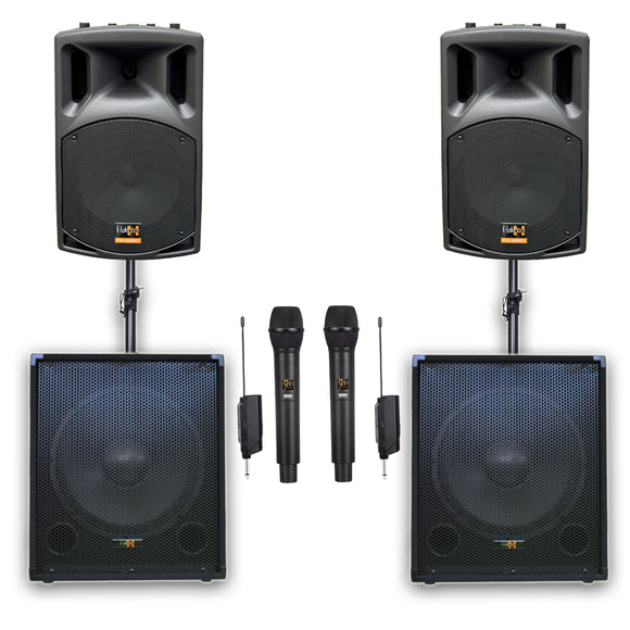 E-Lektron Quadix Q305 2800W Active & Subwoofer Vocal Speakers Sound System with linkable UHF Mics and Poles