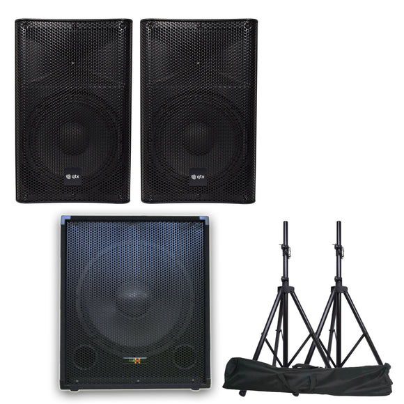 QTX Quest-15SUB Complete Active PA System Bluetooth FM tuner SD with Stands