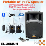 E-Lektron EL30-MUH 700W 12" inch Bluetooth Wireless linkable Loud Portable PA Speaker Sound System incl.2 Handheld +2 Headset Mics for Karaoke Coach Speech Singing