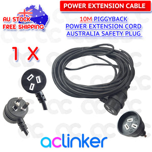 DL 10 Meters Black Piggyback Plug Main Power Extension Cord 240V 3 Pin 10A 1.0mm Cable