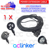 DL 10 Meters Black Piggyback Plug Main Power Extension Cord 240V 3 Pin 10A 1.0mm Cable