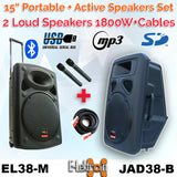 E-Lektron 2 X 15" inch 1800W Bluetooth Portable+Active Loud Speakers Sound System Battery Operate USB Record 2 Microphones