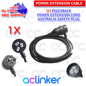 DL 3 Meters Black Piggyback Plug Main Power Extension Cord 240V 3 Pin 10A 1.0mm Cable