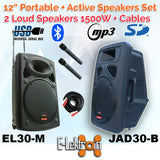 E-Lektron 2X12" inch 1500W Bluetooth Portable+Active Loud Speakers Sound System Battery Operate USB Record 2 Microphones