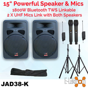 E-Lektron JAD-38K 2X15" inch Karaoke Set 1800W Powered Bluetooth TWS Speakers 2 Tunable UHF Microphones Stands