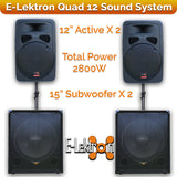 E-Lektron Quad 12 2800W Pro Audio Set with 2X12" inch Active Speakers 2X15" Subwoofer and Stand for Event DJ Party Disco Night
