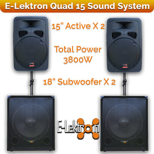 E-Lektron Quad 885 3800W Pro Audio Set with 2X15" inch Active Speakers 2X15" Subwoofer and Stand for Event DJ Party Disco Night