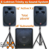E-Lektron Trinity15 2800W Bluetooth Sound System with 2X15" inch Active Speakers 18" Active Subwoofer Stands for Event DJ Party Disco Night