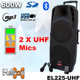 E-lektron EL-225 Dual 10" inch Portable Karaoke Mobile PA Speaker Sound System Battery Bluetooth with 2 UHF Microphone