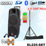 E-lektron Dual 10" inch Portable Speaker Set 600W Mobile PA Sound System Battery Bluetooth with 2 UHF Microphone and stand