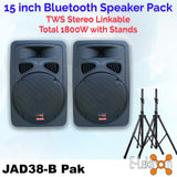 E-Lektron JAD-38K 2X15" inch Karaoke Set 1800W Powered Bluetooth TWS Speakers 2 Tunable UHF Microphones Stands