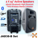 E-Lektron JAD-38K 2X15" inch Karaoke Set 1800W Powered Bluetooth TWS Speakers 2 Tunable UHF Microphones Stands