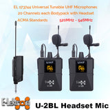 E-Lektron U-2BL Dynamic UHF 20 Channels Tunable Universal 2 Wireless bodyback Headset Microphone With Mini Plug Receiver 2 Lavalier