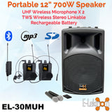 E-Lektron EL30-M 700W 12" inch Bluetooth Wireless linkable Loud Portable PA Speaker Sound System incl.2 UHF Handheld +2 Headset Mics  for Karaoke Coach Speech Singing