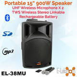 E-Lektron EL38-MUH 900W 15" inch Bluetooth Wireless linkable Loud Portable PA Speaker Sound System Recoding incl.4 UHF Handheld Mics for Karaoke Party Event Speech Singing